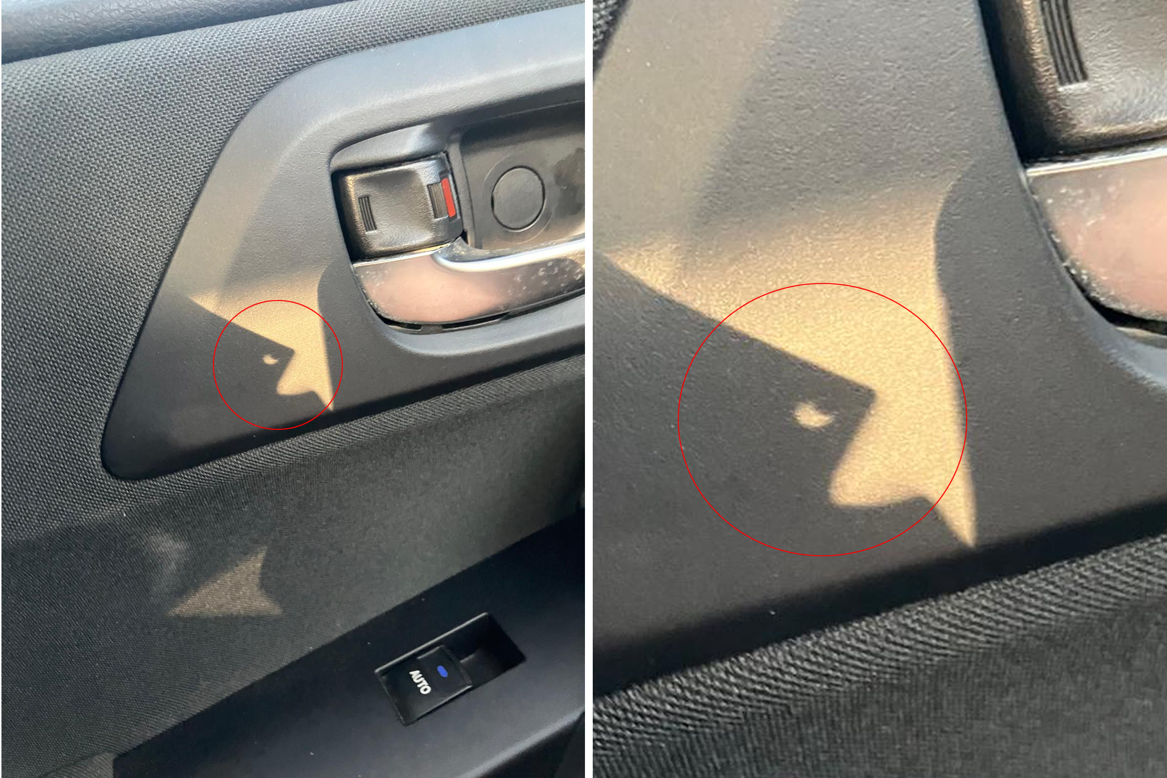 The shadow of an eclipse, projected onto the inside of a car door. You can barely make out the crescent Moon shape. The shadow of an eclipse, projected onto the inside of a car door. You can barely make out the crescent Moon shape.